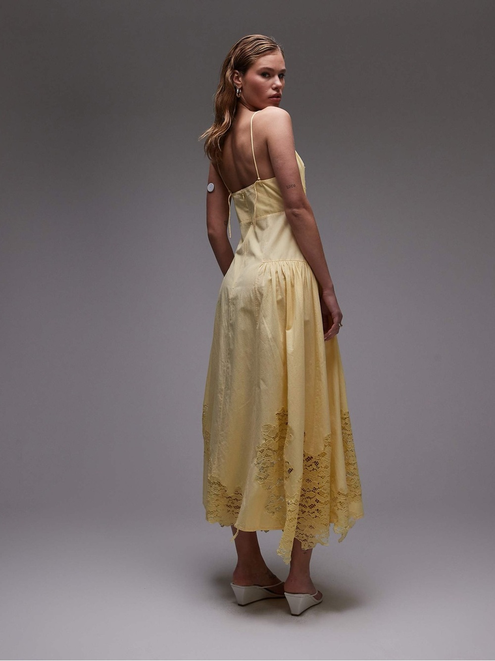 Topshop cutwork poplin midi maxi in lemon Lace-Trim Dress dropped waist - Picture 2 of 8